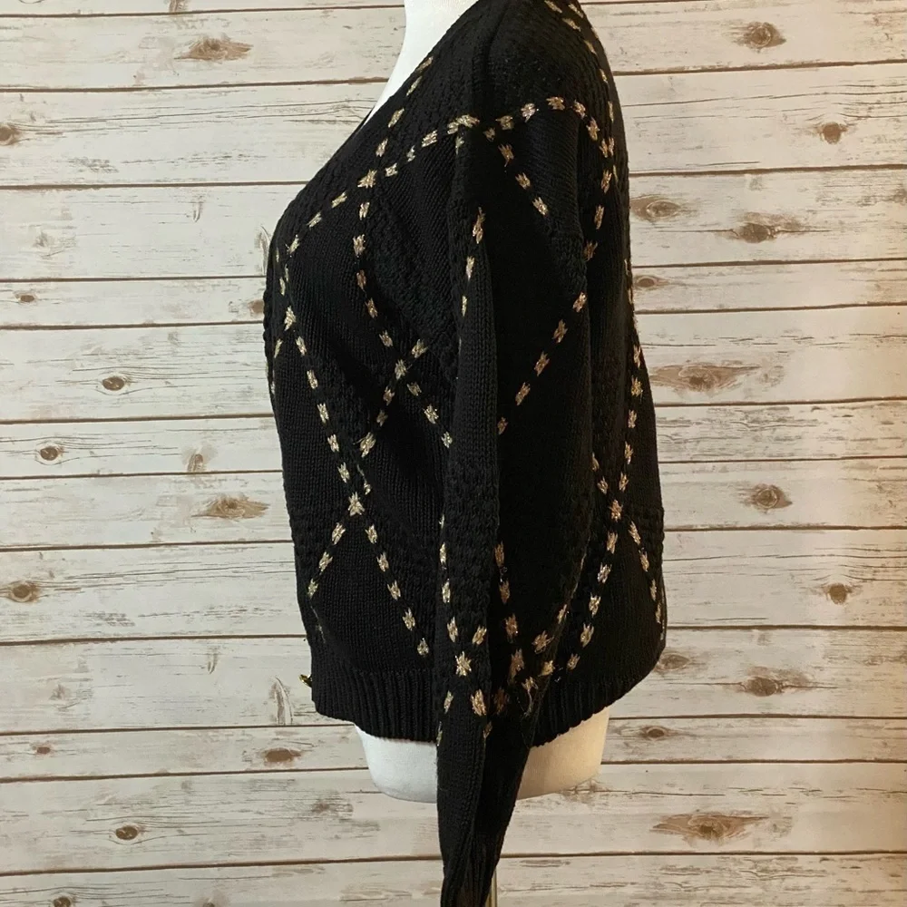 Vintage Chinawear black/gold geometric 1990s V-neck cardigan sweater Size Large
